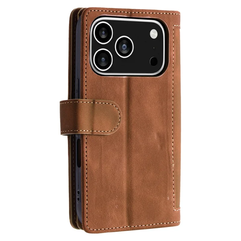 Custodia per iPhone 17 Pro con 9 Slot per Carte, Portafoglio con Cerniera in Pelle PU, Cinturino da Polso - Marrone