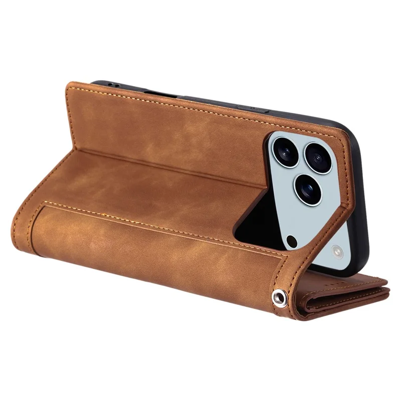 Funda para iPhone 17 Pro Max con 9 Ranuras para Tarjetas, Cartera con Cremallera de Cuero PU, Correa de Muñeca - Marrón