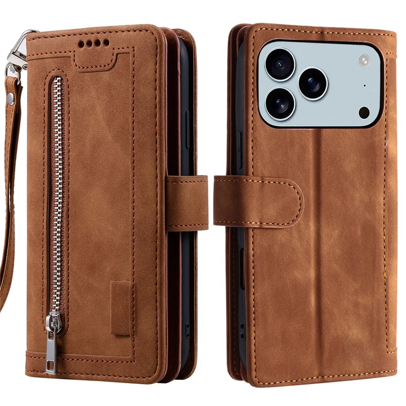 Funda para iPhone 17 Pro Max con 9 Ranuras para Tarjetas, Cartera con Cremallera de Cuero PU, Correa de Muñeca - Marrón
