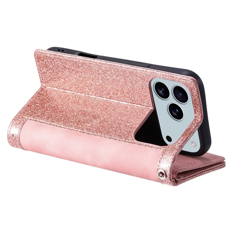 For iPhone 17 Pro Max Case 9 Card Slots Zipper Wallet PU Leather Phone Cover with Wrist Strap - Rose Gold