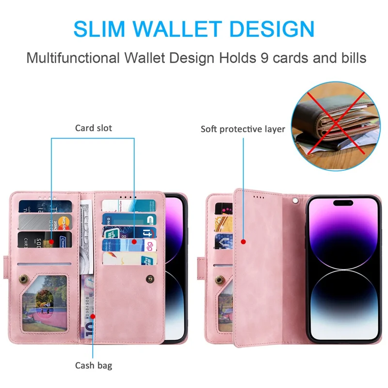 For iPhone 17 Pro Max Case 9 Card Slots Zipper Wallet PU Leather Phone Cover with Wrist Strap - Rose Gold