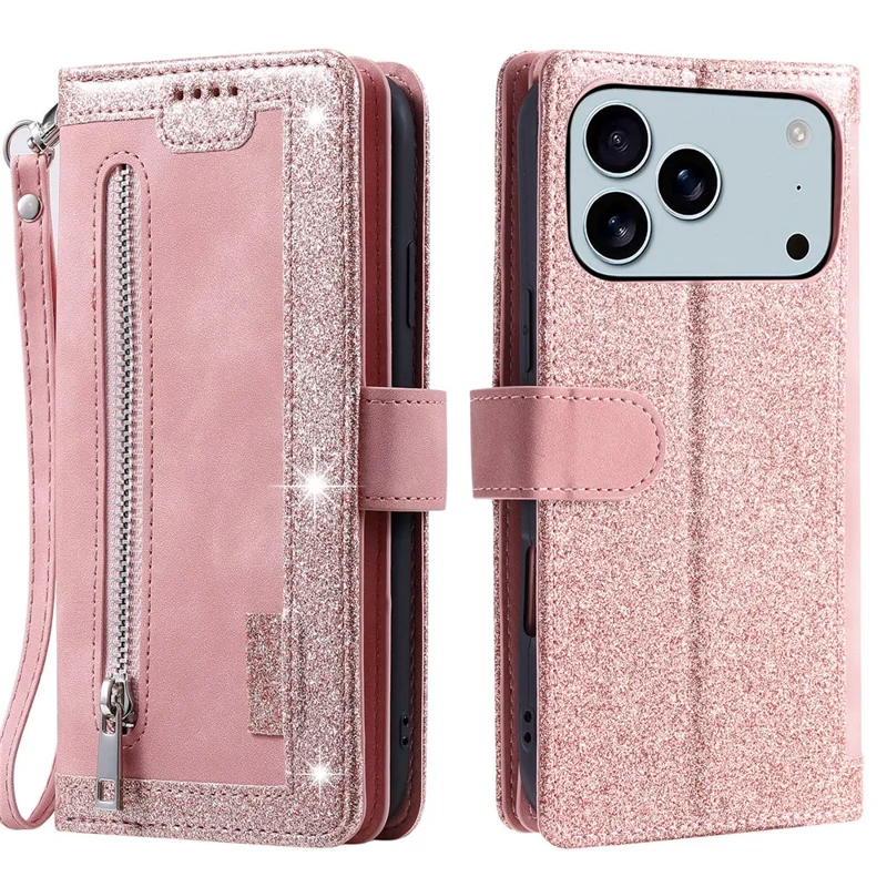 For iPhone 17 Pro Max Case 9 Card Slots Zipper Wallet PU Leather Phone Cover with Wrist Strap - Rose Gold