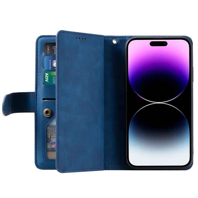 Funda para iPhone 17 con 9 Ranuras para Tarjetas, Cartera con Cremallera de Cuero PU, Correa de Muñeca - Azul