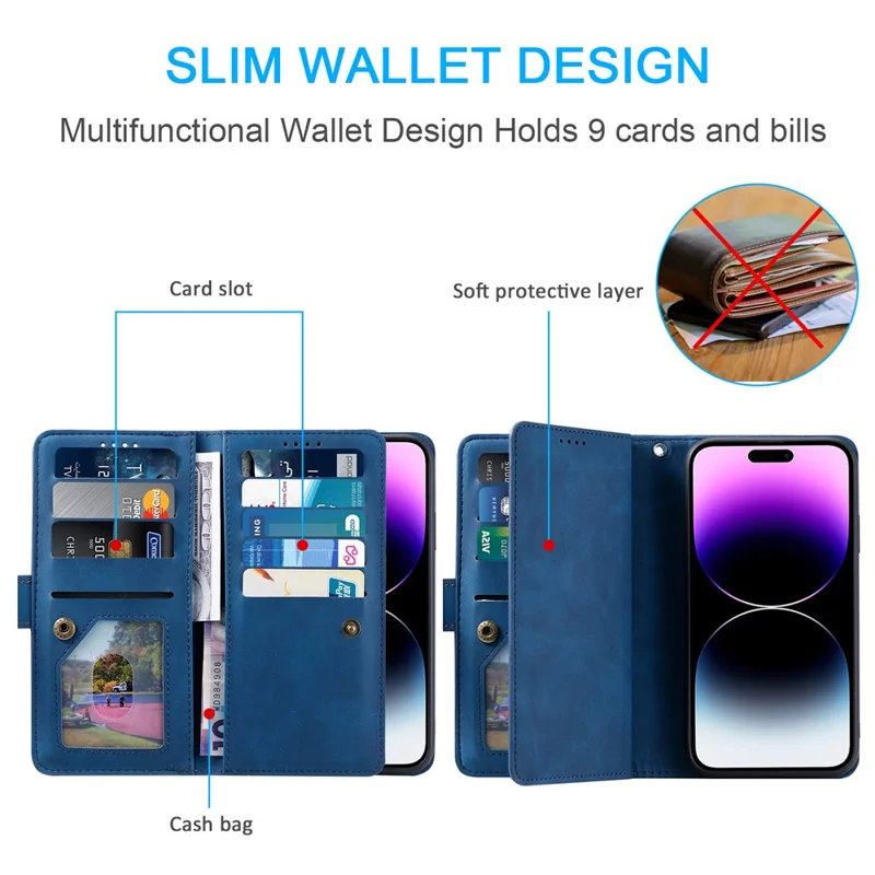 Funda para iPhone 17 con 9 Ranuras para Tarjetas, Cartera con Cremallera de Cuero PU, Correa de Muñeca - Azul