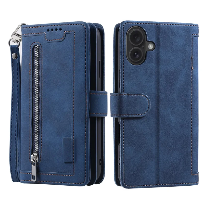 Funda para iPhone 17 con 9 Ranuras para Tarjetas, Cartera con Cremallera de Cuero PU, Correa de Muñeca - Azul