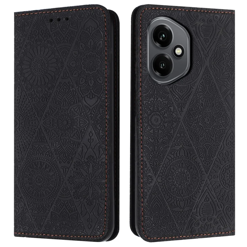 For Honor 400 5G (Global) Case Imprinted Flower Wallet Stand Leather Phone Cover - Black