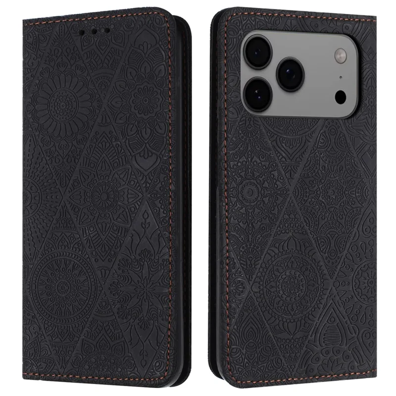 For iPhone 17 Pro Case Imprinted Flower Wallet Stand Leather Phone Cover - Black