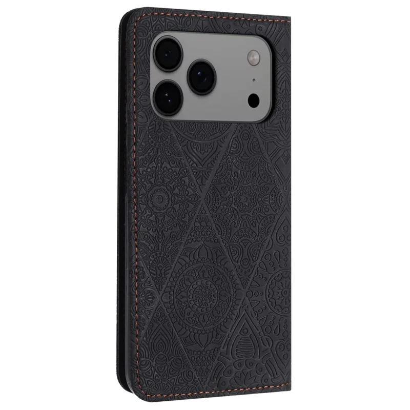 For iPhone 17 Pro Case Imprinted Flower Wallet Stand Leather Phone Cover - Black