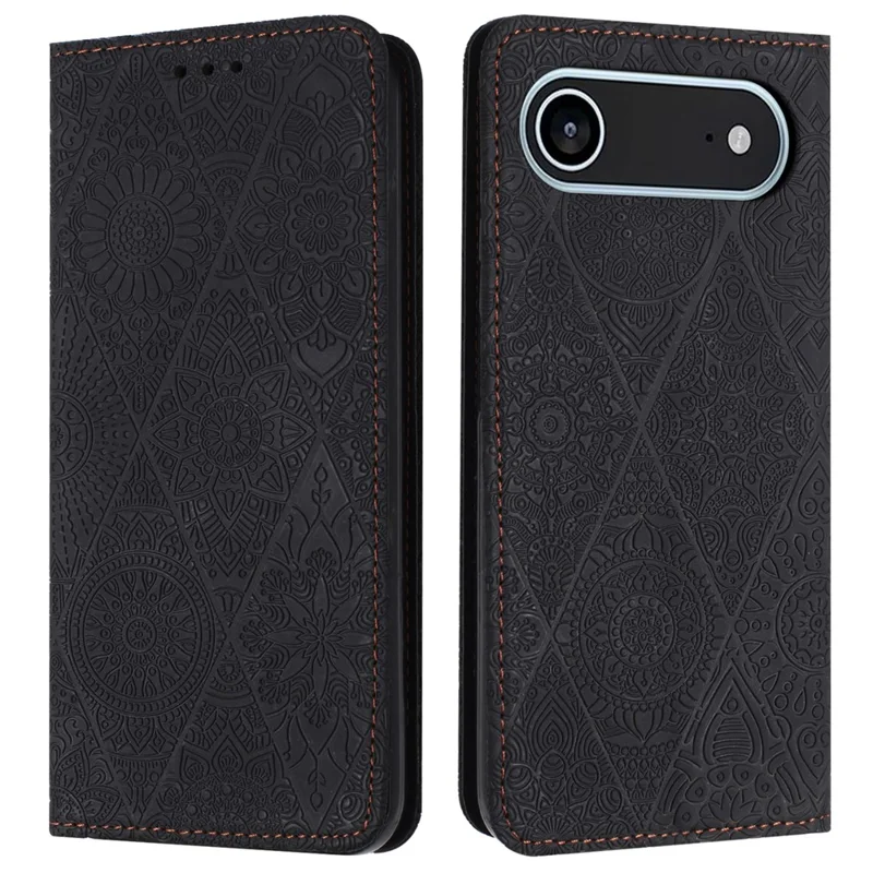 Custodia a portafoglio per iPhone 17 con supporto e stampa floreale in pelle - Nero