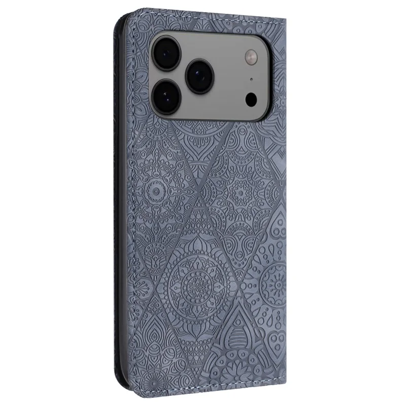 For iPhone 18 Pro Max / 17 Pro Max Case Imprinted Flower Wallet Stand Leather Phone Cover - Grey