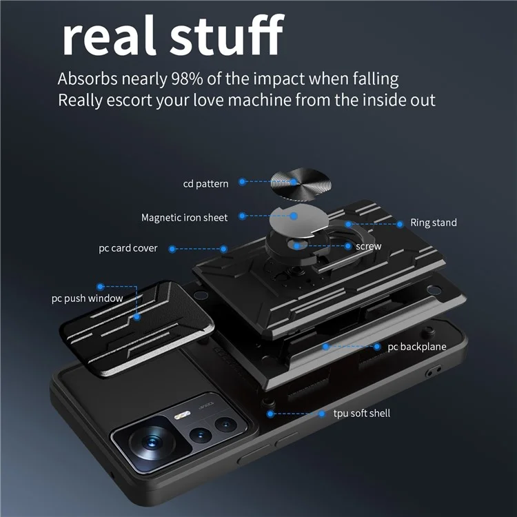 Für Xiaomi Redmi K40S 5G / Poco F4 5G Kartenhalter Ring Magnetic Kickstand Phone Hülle PC + TPU -telefonschutz Mit Dia -kameraabdeckung - Weiß