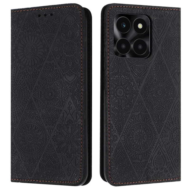 Wallet Case for Honor X6c 4G / X6b 4G / X6a 4G / X5b / X5b Plus Imprinted Flower Stand Leather Phone Cover - Black