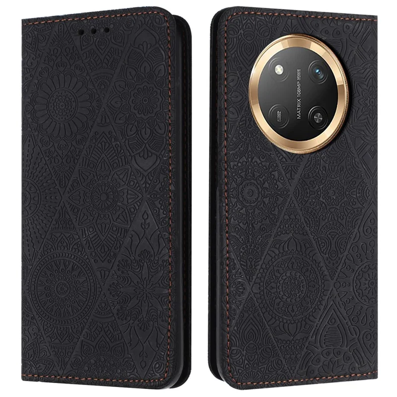 Wallet Case for Honor X60 Pro 5G / X9c 5G / Magic7 Lite 5G Imprinted Flower Stand Leather Phone Cover - Black