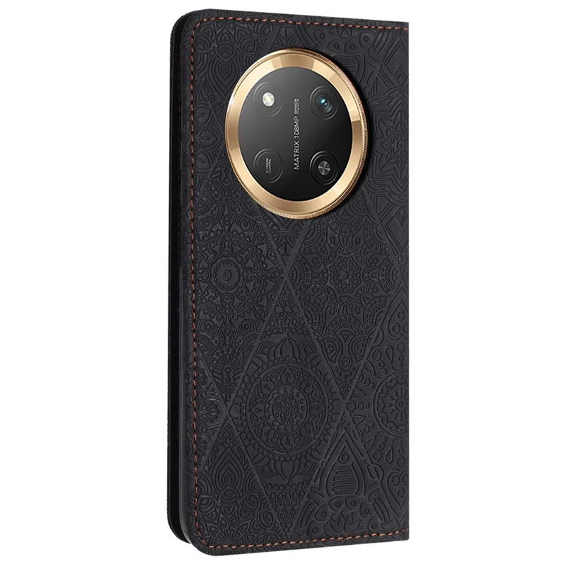 Wallet Case for Honor X60 Pro 5G / X9c 5G / Magic7 Lite 5G Imprinted Flower Stand Leather Phone Cover - Black