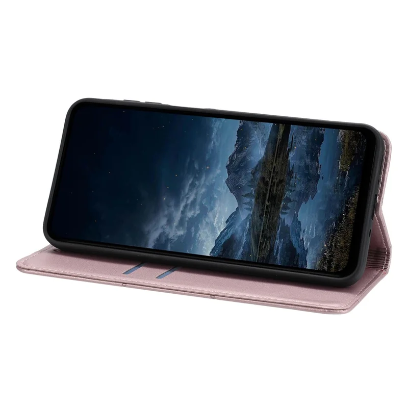 For iPhone 17 Wallet Case Line Imprinted Leather Stand Phone Cover with Wrist Strap - Rose Gold