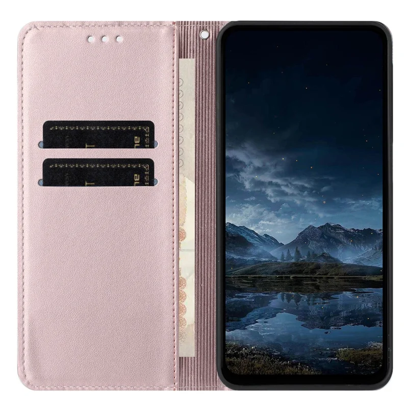 For iPhone 17 Wallet Case Line Imprinted Leather Stand Phone Cover with Wrist Strap - Rose Gold