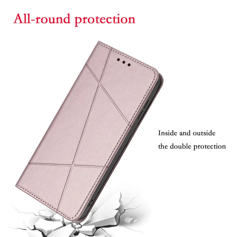For iPhone 17 Wallet Case Line Imprinted Leather Stand Phone Cover with Wrist Strap - Rose Gold
