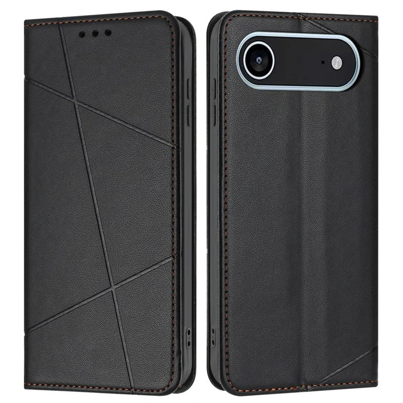 Für iPhone 17 Air Wallet Hülle mit geprägter Lederlinie, Ständer und Handschlaufe - Schwarz