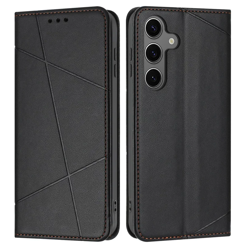 Funda tipo cartera para Samsung Galaxy S25 FE con diseño de líneas en cuero, soporte y correa de muñeca - Negro