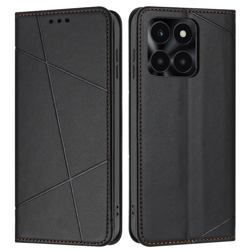 Wallet Case for Honor X6c 4G / X6b 4G / X5b / X5b Plus / X6a 4G Line Imprinted Leather Stand Phone Cover with Wrist Strap - Black