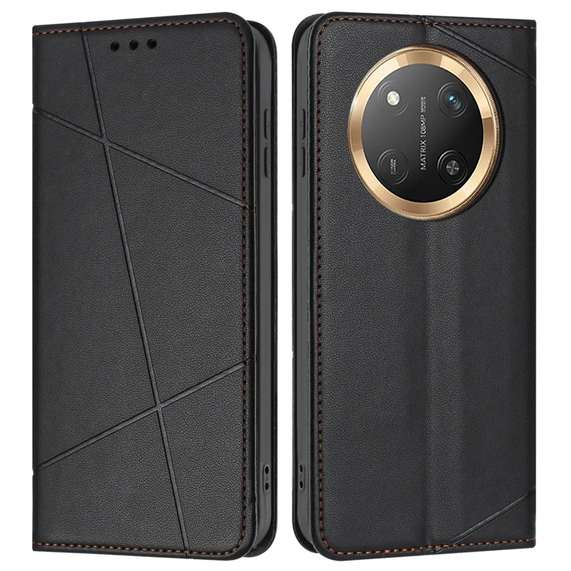 Wallet Case for Honor X60 Pro 5G / X9c 5G / Magic7 Lite 5G Line Imprinted Leather Stand Phone Cover with Wrist Strap - Black