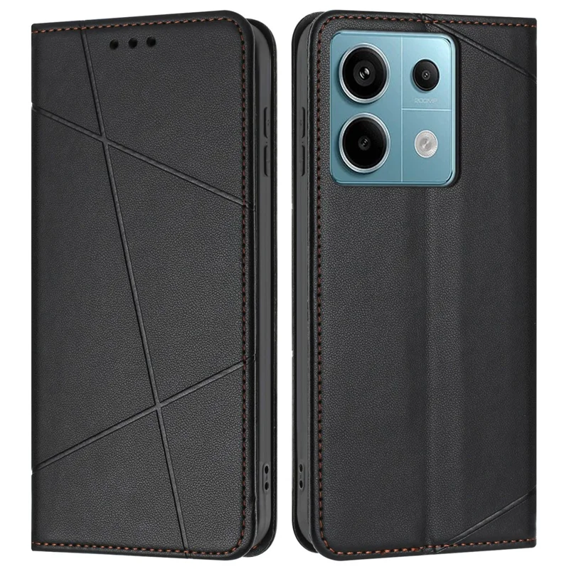 For Xiaomi Redmi Note 13 Pro 5G Wallet Case Line Imprinted Leather Stand Phone Cover with Wrist Strap - Black