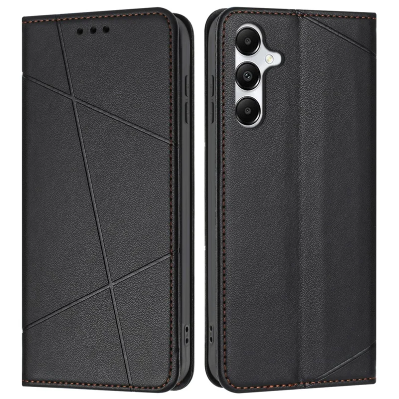 For Samsung Galaxy A25 5G (Global) (161.0mm) Wallet Case Line Imprinted Leather Stand Phone Cover with Wrist Strap - Black