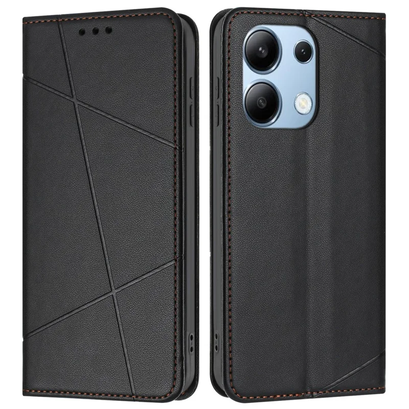 Per Xiaomi Redmi Note 13 4G Cover a Portafoglio con Linee Stampate in Pelle, Supporto e Cinturino da Polso - Nero
