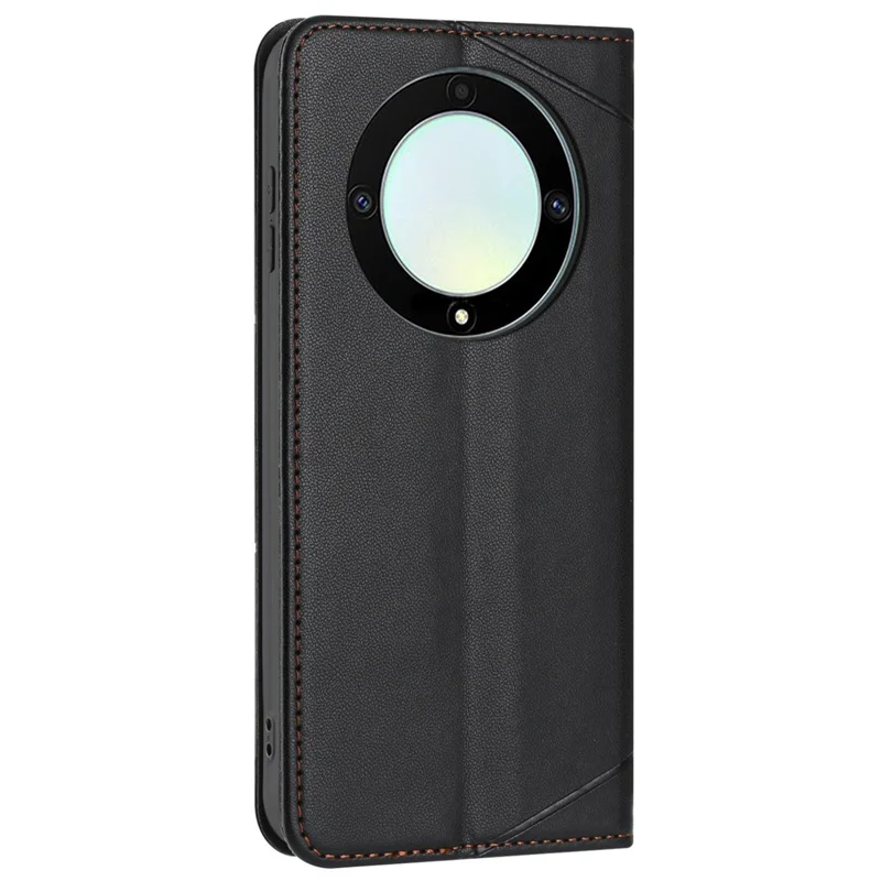 For Honor Magic5 Lite 5G / X9a 5G Wallet Case Line Imprinted Leather Stand Phone Cover with Wrist Strap - Black