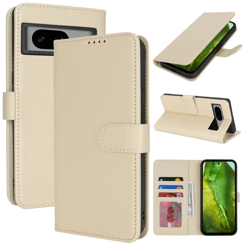 For Google Pixel 8a Stand Case Shockproof Leather Wallet Phone Cover - Beige