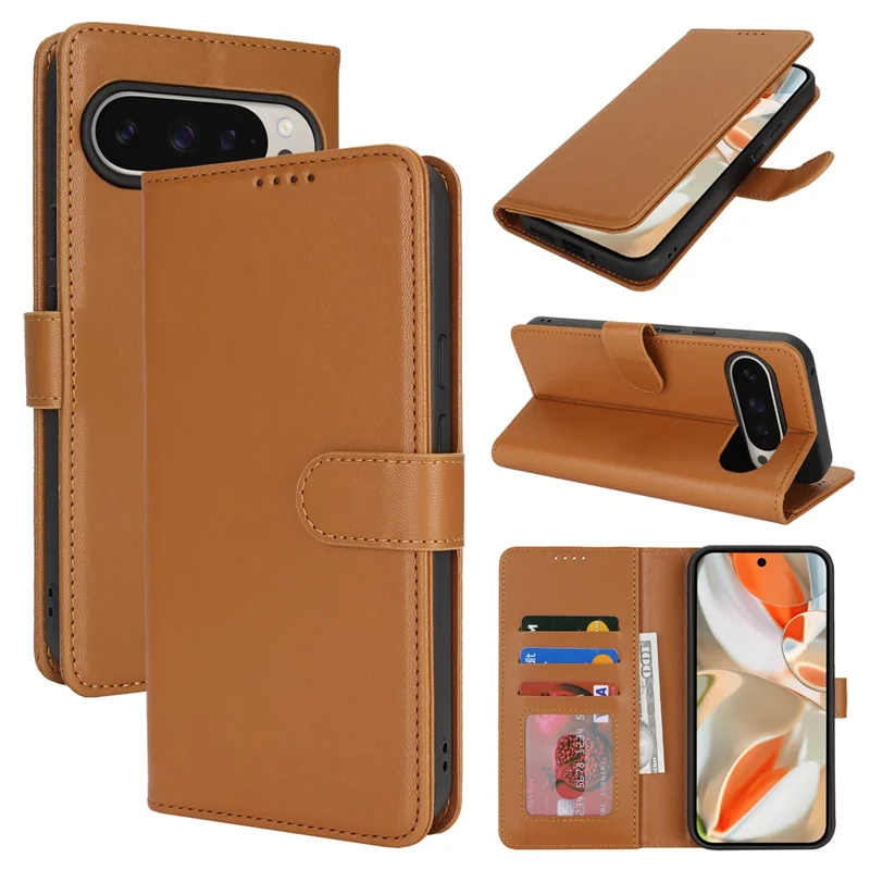 For Google Pixel 9 / 9 Pro Stand Case Shockproof Leather Wallet Phone Cover - Light Brown