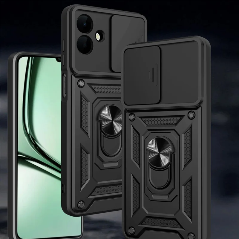 Funda para Samsung Galaxy A07 4G con tapa deslizante para cámara, carcasa de PC + TPU con soporte - Negro