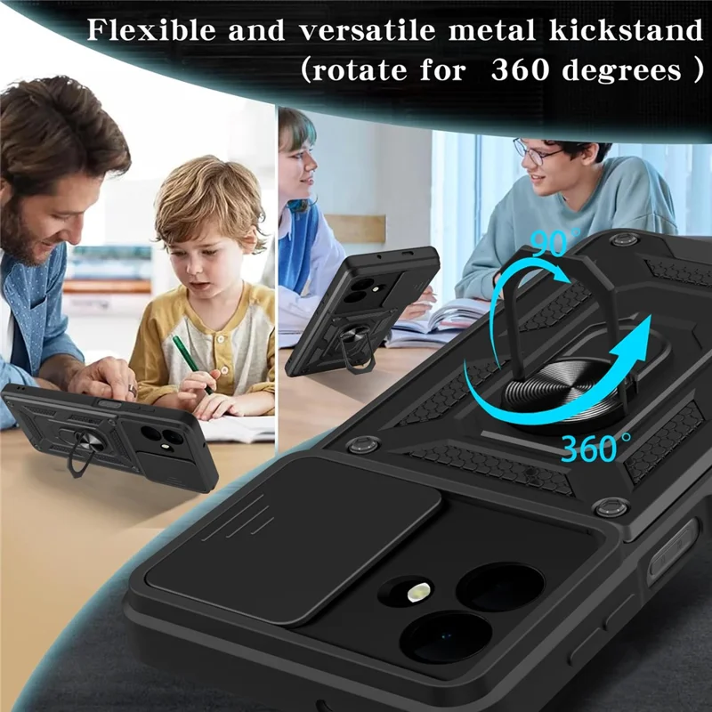 Funda para Samsung Galaxy A07 4G con tapa deslizante para cámara, carcasa de PC + TPU con soporte - Negro