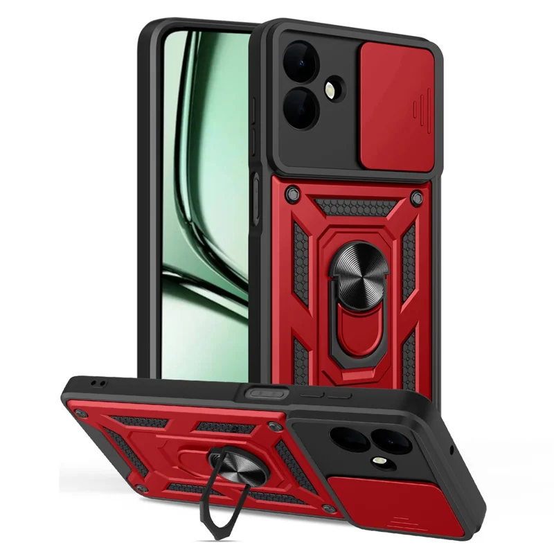 For Samsung Galaxy A07 5G / A07 4G Case with Slide Camera Lid PC + TPU Kickstand Phone Cover - Red