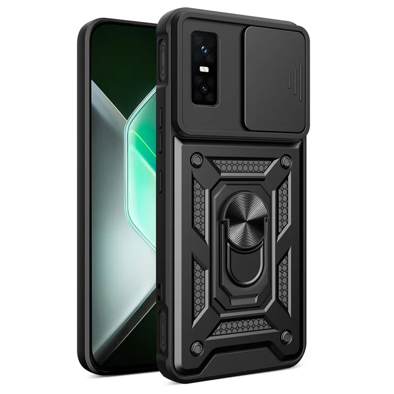 For Infinix GT 30 Pro 5G Case with Slide Camera Lid PC + TPU Kickstand Phone Cover - Black