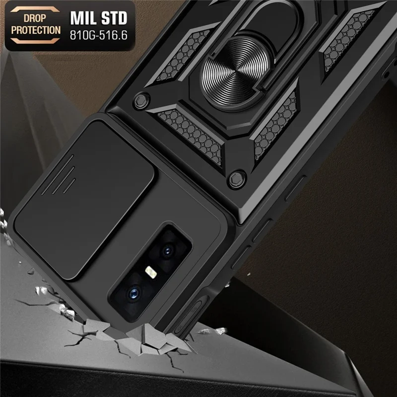 For Infinix GT 30 Pro 5G Case with Slide Camera Lid PC + TPU Kickstand Phone Cover - Black