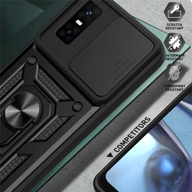 For Infinix GT 30 Pro 5G Case with Slide Camera Lid PC + TPU Kickstand Phone Cover - Black