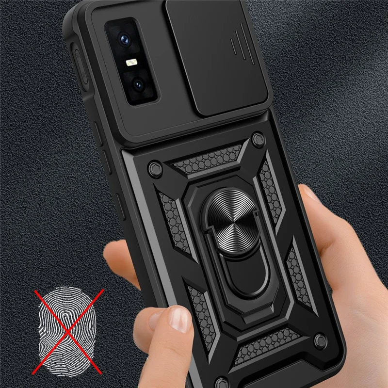 For Infinix GT 30 Pro 5G Case with Slide Camera Lid PC + TPU Kickstand Phone Cover - Black