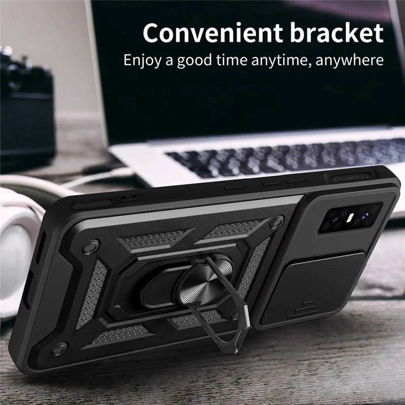 For Infinix GT 30 Pro 5G Case with Slide Camera Lid PC + TPU Kickstand Phone Cover - Black