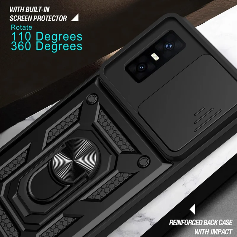 For Infinix GT 30 Pro 5G Case with Slide Camera Lid PC + TPU Kickstand Phone Cover - Black