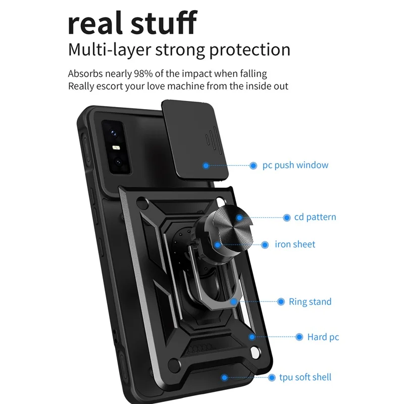 For Infinix GT 30 Pro 5G Case with Slide Camera Lid PC + TPU Kickstand Phone Cover - Black
