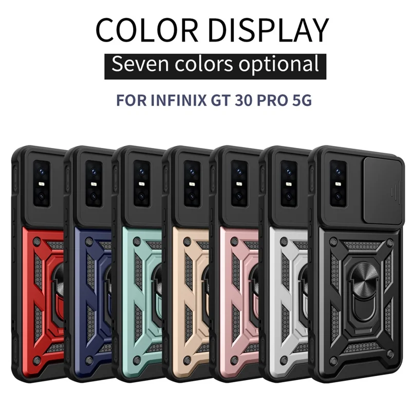 For Infinix GT 30 Pro 5G Case with Slide Camera Lid PC + TPU Kickstand Phone Cover - Black