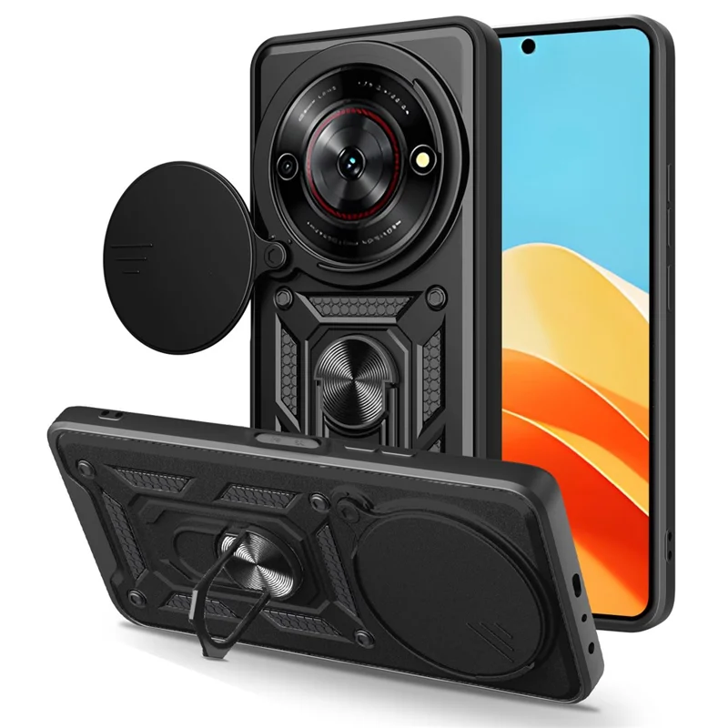 For ZTE nubia Focus  /  Blade A75 5G Case with Slide Camera Lid PC + TPU Kickstand Phone Cover - Black