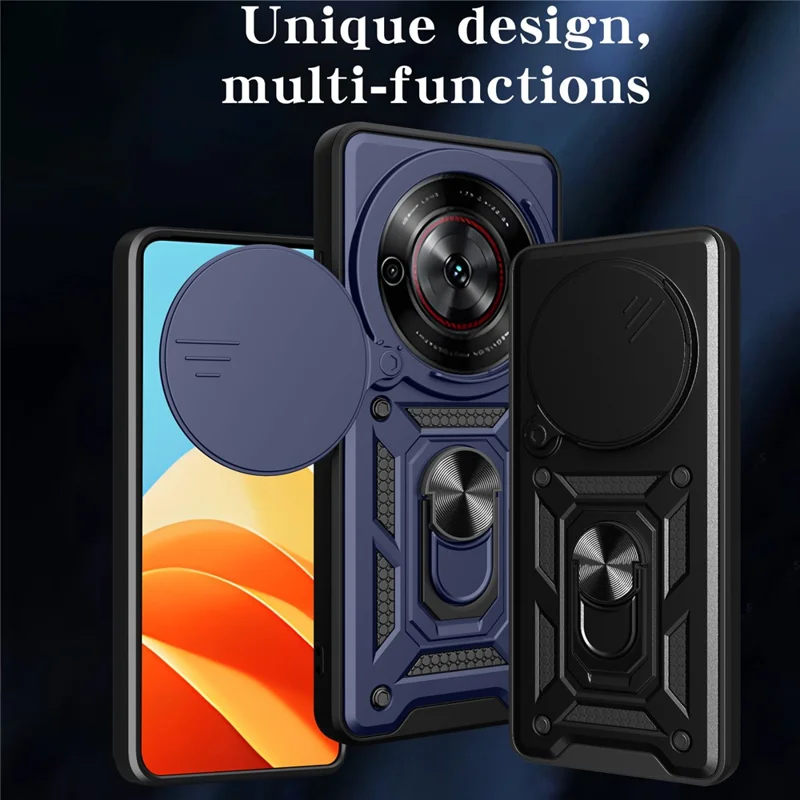 For ZTE nubia Focus  /  Blade A75 5G Case with Slide Camera Lid PC + TPU Kickstand Phone Cover - Black