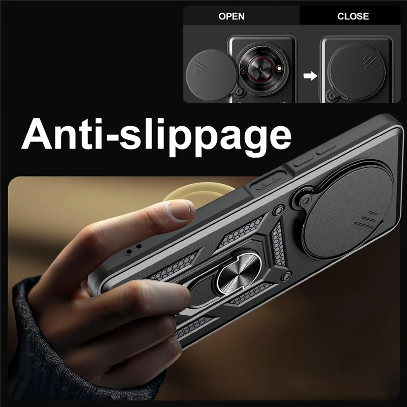 For ZTE nubia Focus  /  Blade A75 5G Case with Slide Camera Lid PC + TPU Kickstand Phone Cover - Black