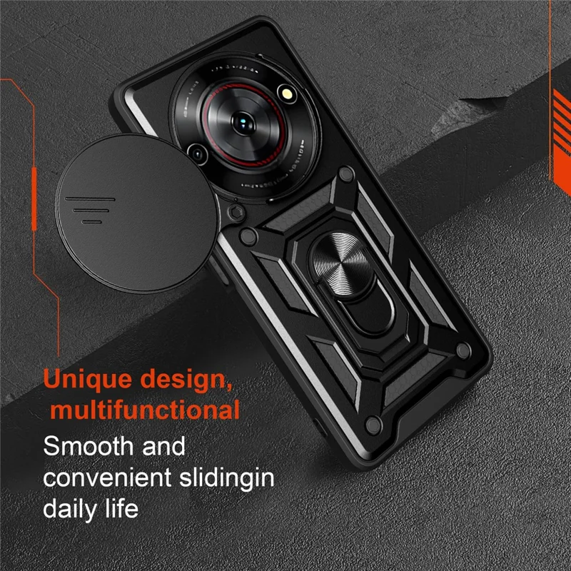 For ZTE nubia Focus  /  Blade A75 5G Case with Slide Camera Lid PC + TPU Kickstand Phone Cover - Black