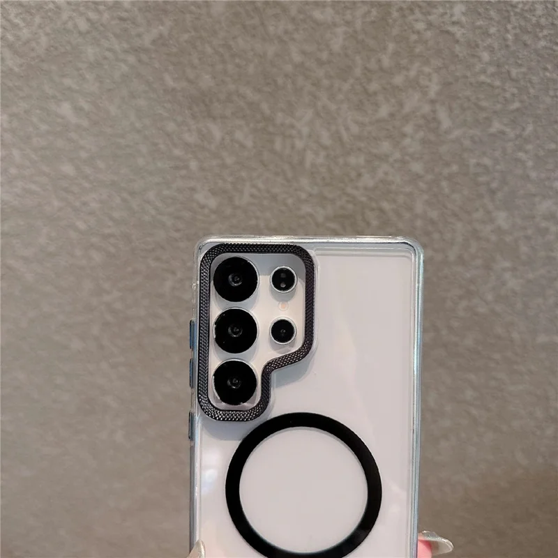 Étui pour Samsung Galaxy S25 Ultra Compatible avec MagSafe PC + TPU Coque Transparente avec Texture de Diamant et Cadre d'Objectif - Orange