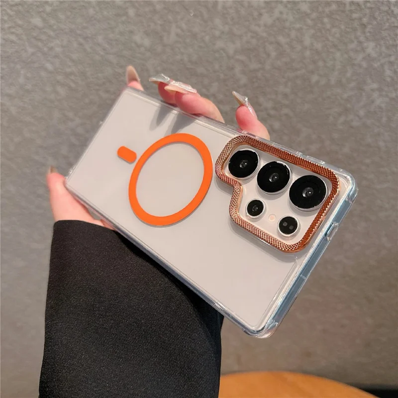 For Samsung Galaxy S24 Ultra Case Compatible with MagSafe PC + TPU Clear Phone Cover with Diamond Texture Lens Frame - Orange