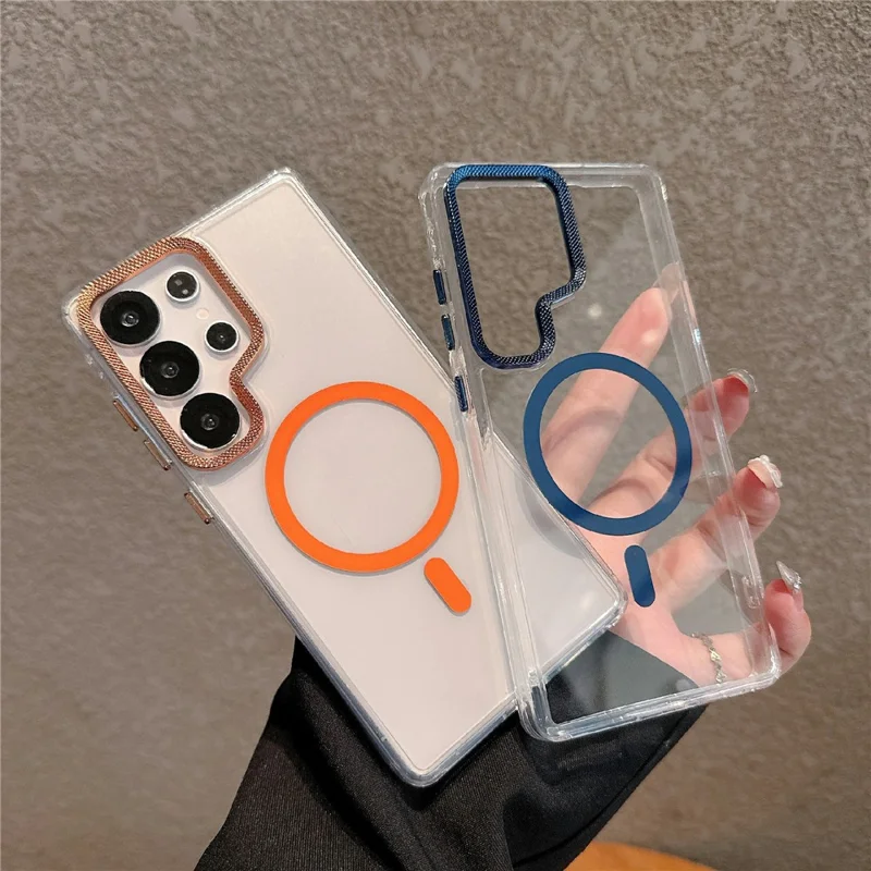 For Samsung Galaxy S24 Ultra Case Compatible with MagSafe PC + TPU Clear Phone Cover with Diamond Texture Lens Frame - Orange