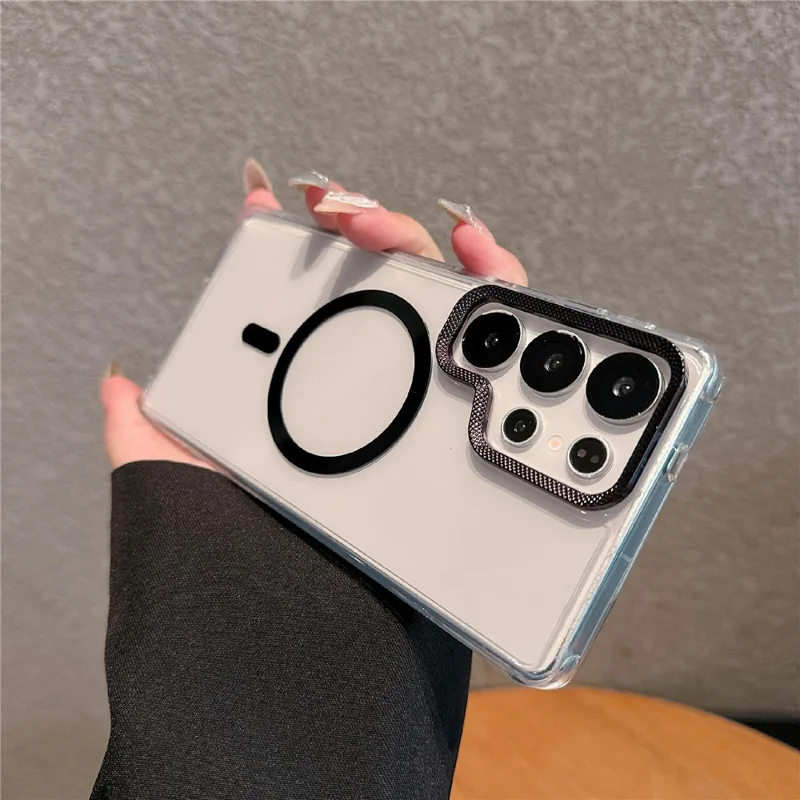 For Samsung Galaxy S23 Ultra Case Compatible with MagSafe PC + TPU Clear Phone Cover with Diamond Texture Lens Frame - Black